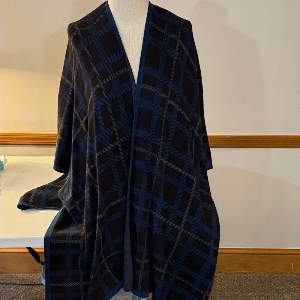 Anne Klein Black and Blue Plaid Cape
